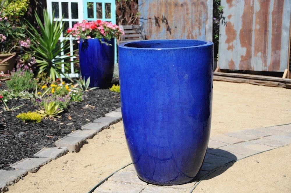 Pacific Home and Garden - Tall Barrel  Glazed Planter, blue
